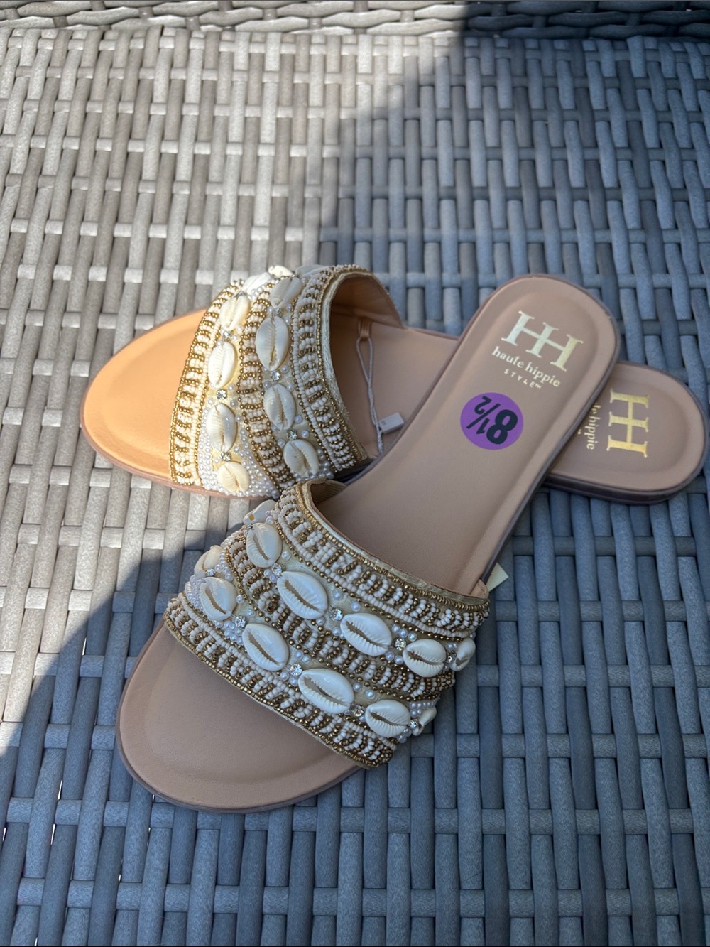 Haute Hippie Leather Tan And Gold HandBeaded Shell Slide Sandals